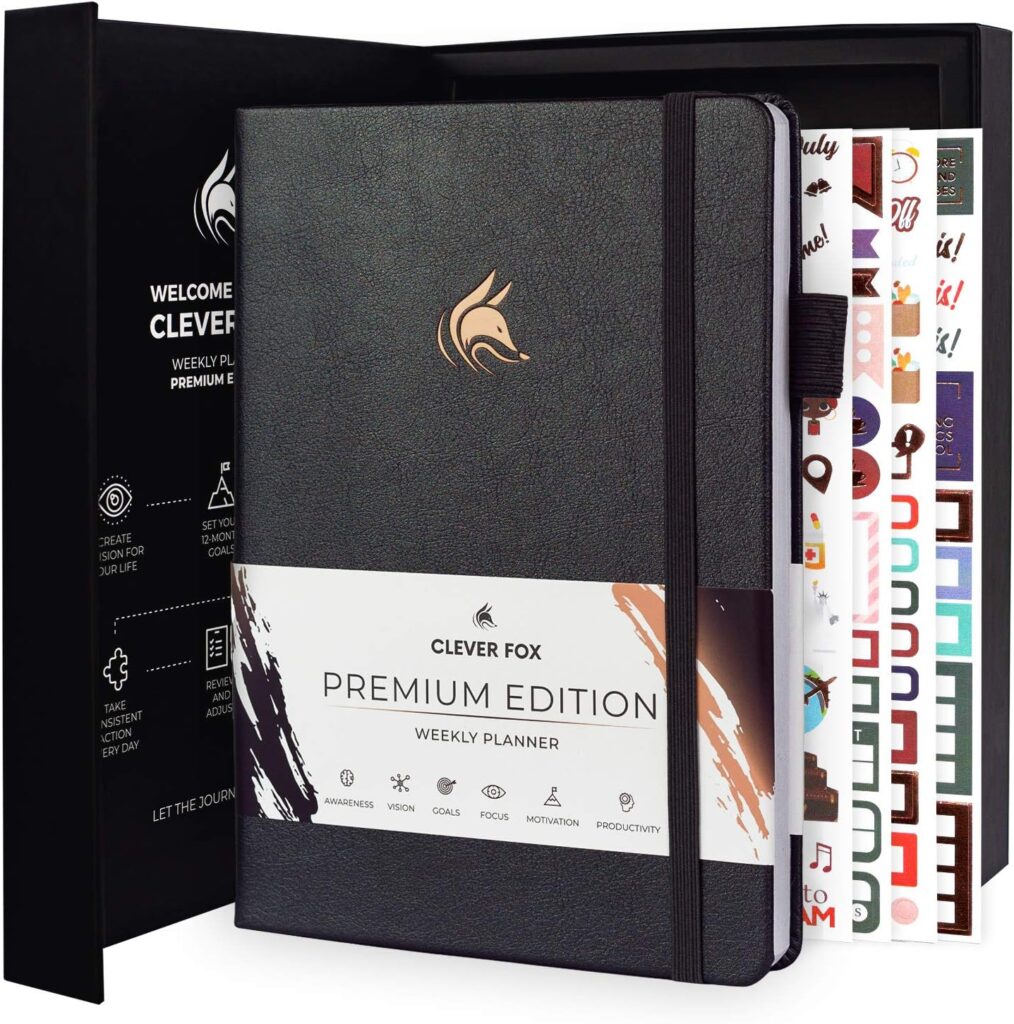 Clever Fox Planner Premium Edition – Undated Luxurious Weekly  Monthly Planner to Increase Productivity and Hit Your Goals – Organizer – Start Anytime, A5, Lasts 1 Year, Silver Black (Weekly)